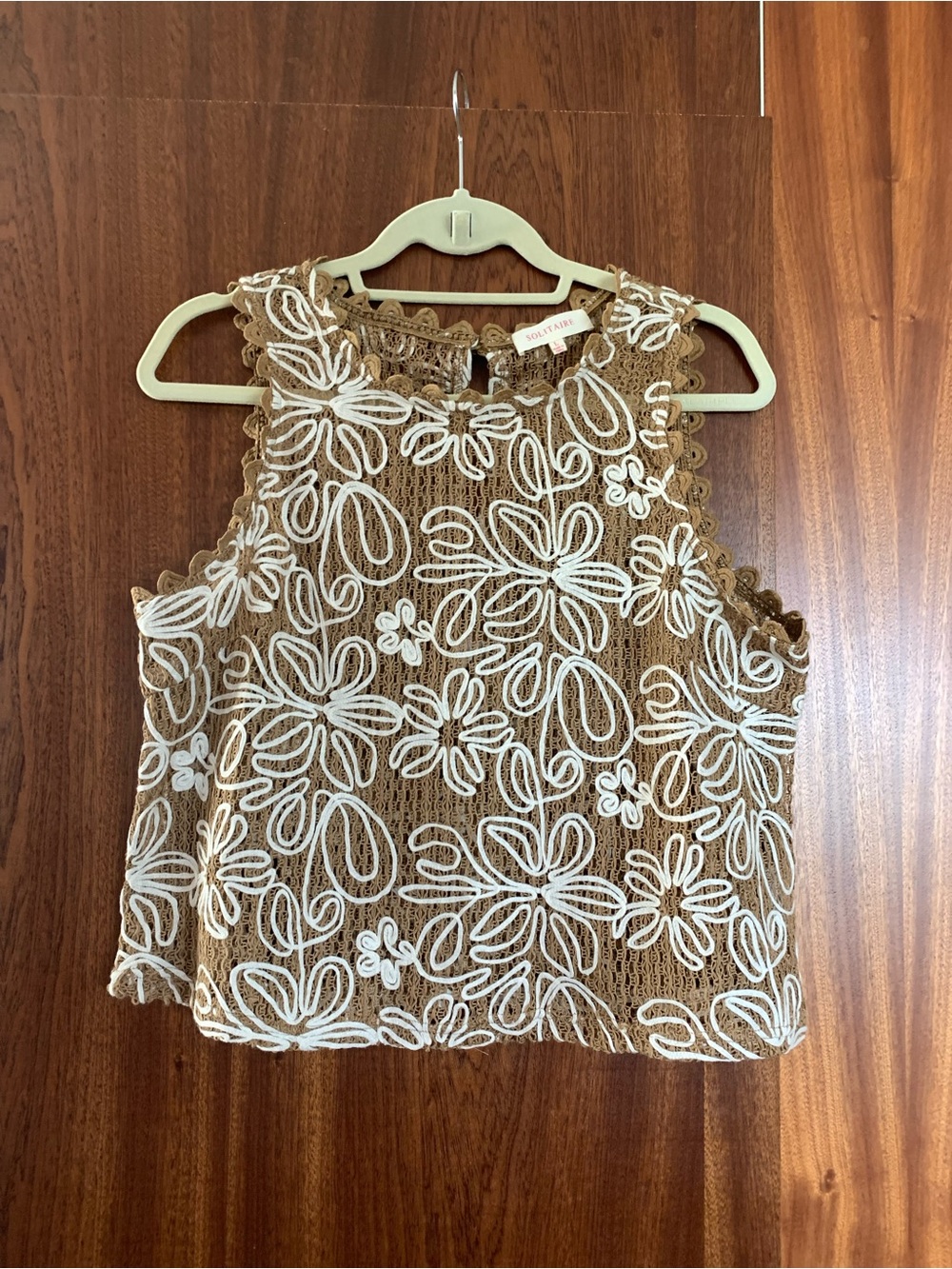 Solitaire Brown & White Floral Crochet Sleeveless Top
